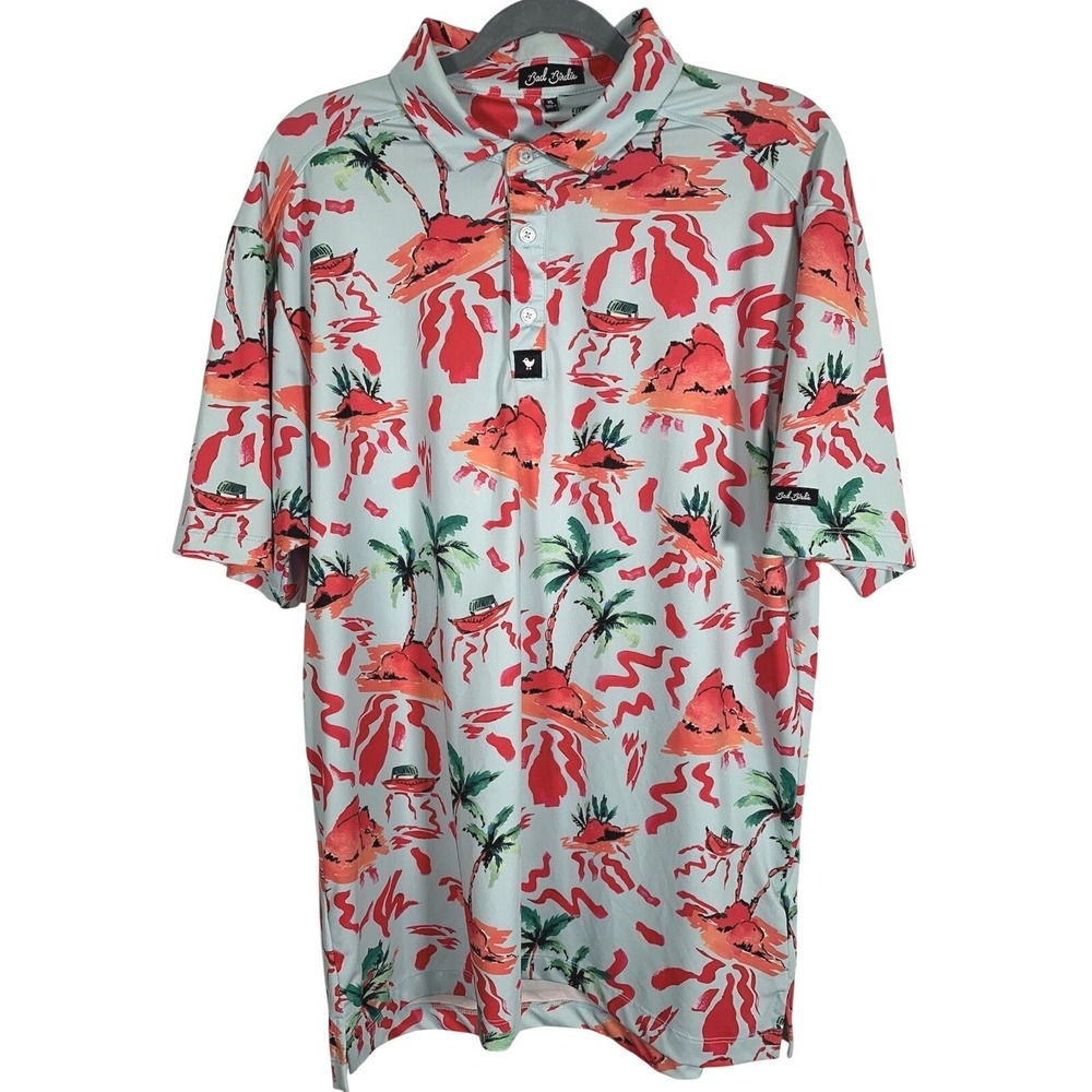 Bad Birdie Golf Polo Mens XL Blue Red Excellent Tropical Palm Tree Print